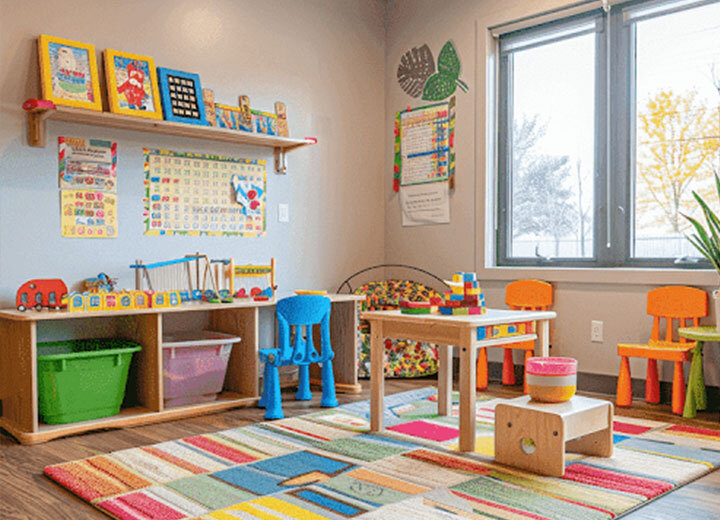 Child-friendly therapy room with educational toys and a welcoming atmosphere.