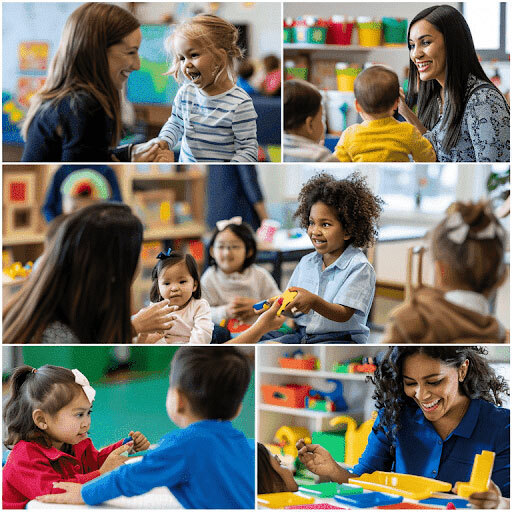 Collage of diverse ABA therapists and educators engaging with children in different therapy settings.