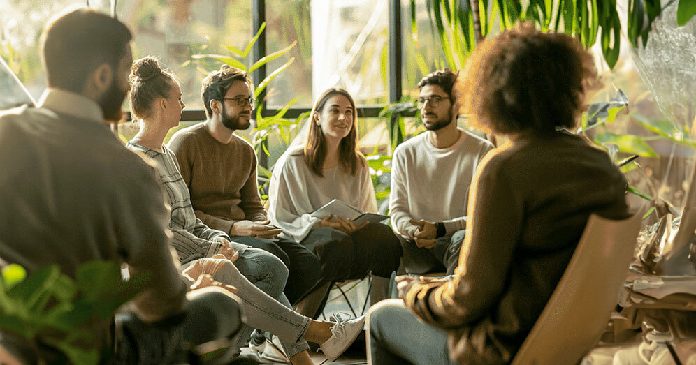 Supportive group circle in a calming environment emphasizing emotional well-being