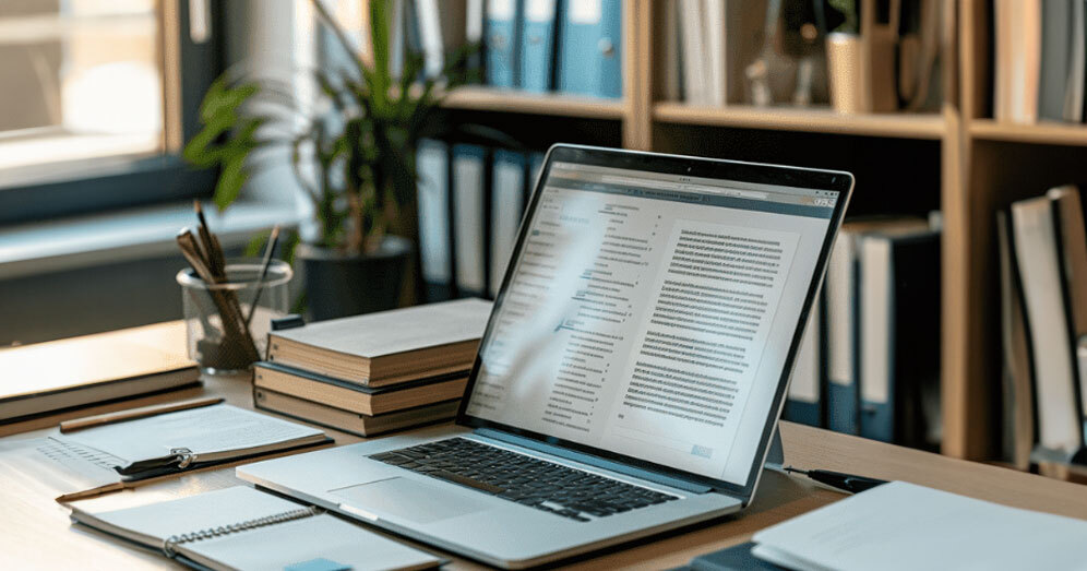 Research materials and laptop with ABA therapy documents on a desk