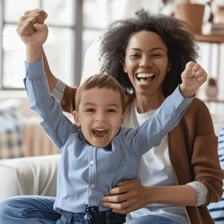 An inspiring image of an ABA therapist and a child celebrating a milestone or success, symbolizing the positive impact of ABA therapy on the lives of individuals with autism spectrum disorder and their families.