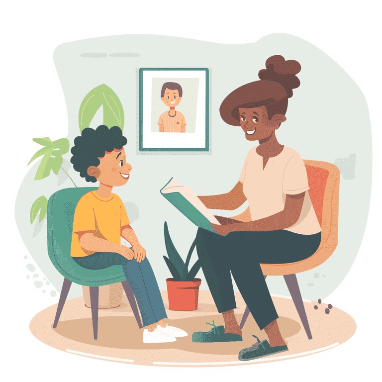 An ABA therapist engages with a child during a therapy session, using visual aids and positive reinforcement techniques.