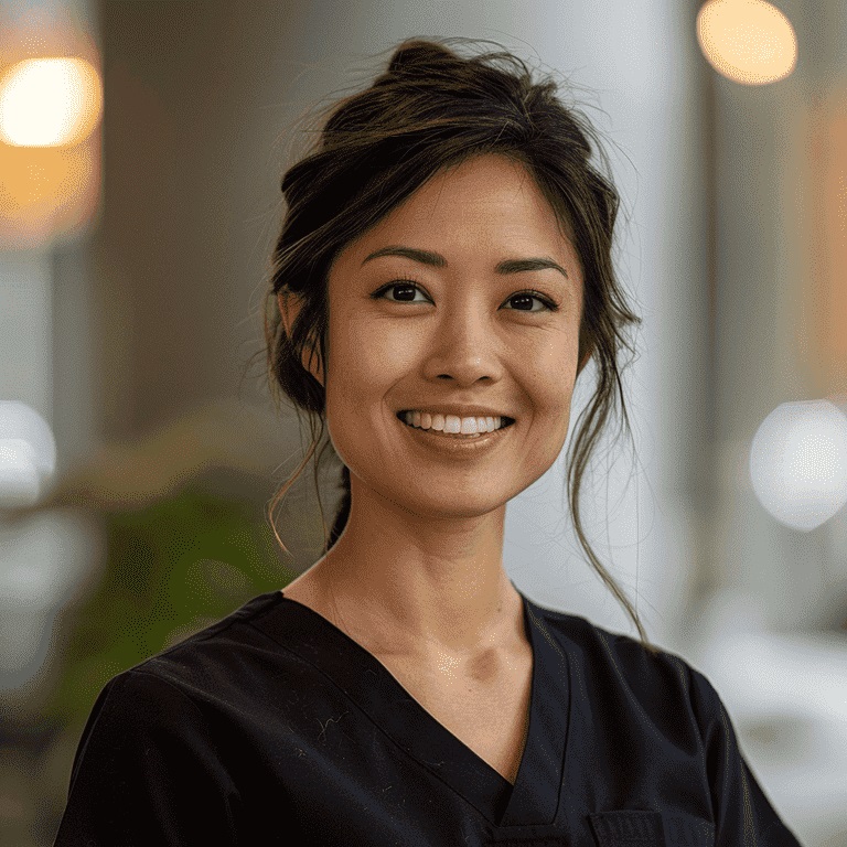 A portrait of a smiling ABA therapist in professional attire, exuding warmth and friendliness.