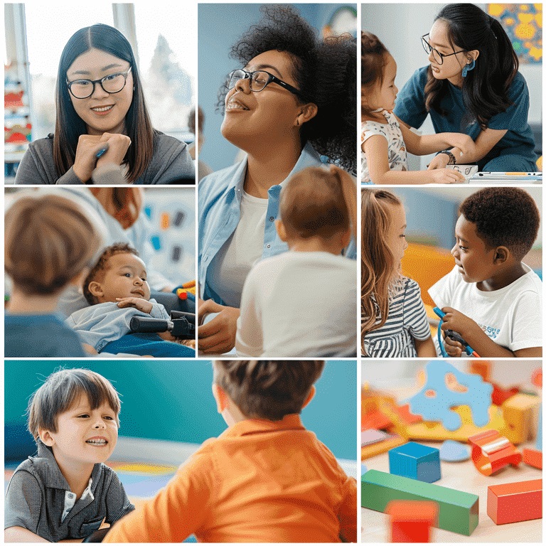 A collage depicting the various tasks and responsibilities of an ABA therapist, including conducting assessments, developing treatment plans, implementing therapy sessions, monitoring progress, and collaborating with parents and other professionals.