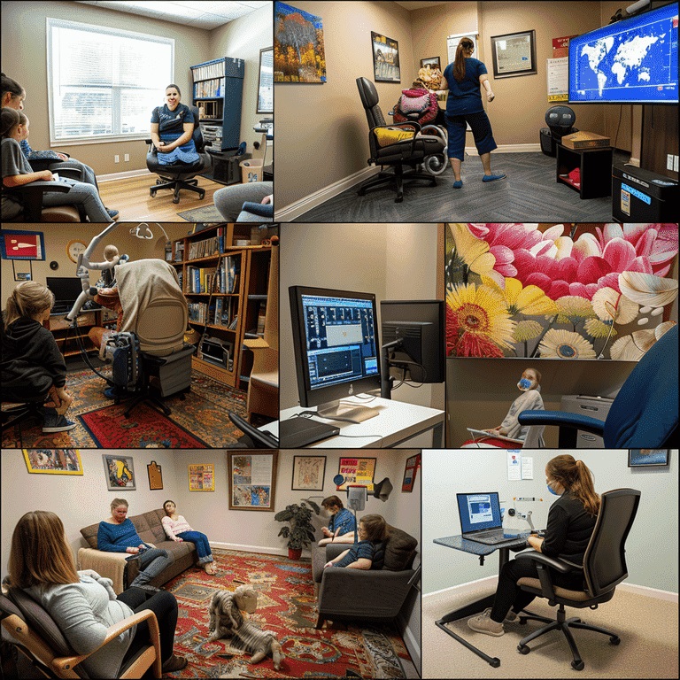 A montage illustrating the various settings where ABA therapists work, including a private clinic, a school classroom, a family's home, a hospital, and a virtual therapy session.