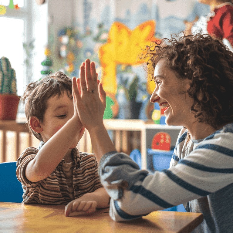 Child and therapist celebrating success in ABA therapy