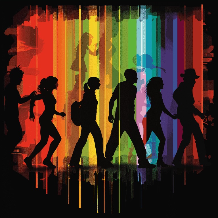 Graphic of a color spectrum with silhouettes of people displaying various behaviors