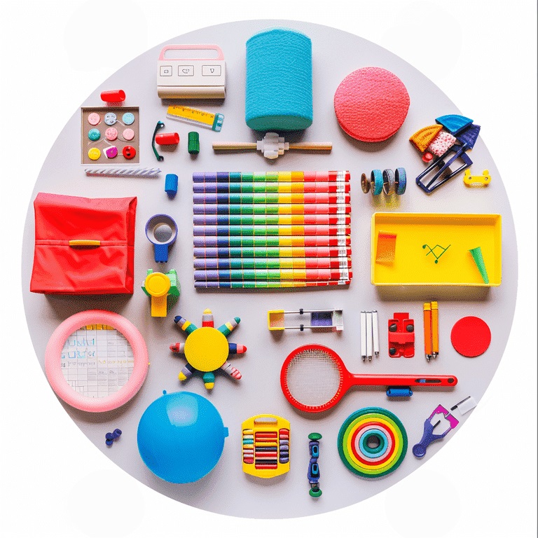 Various autism therapy and intervention tools arranged in a circular layout