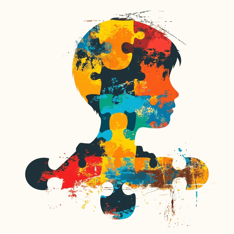 Illustration of a colorful puzzle piece with a child silhouette inside